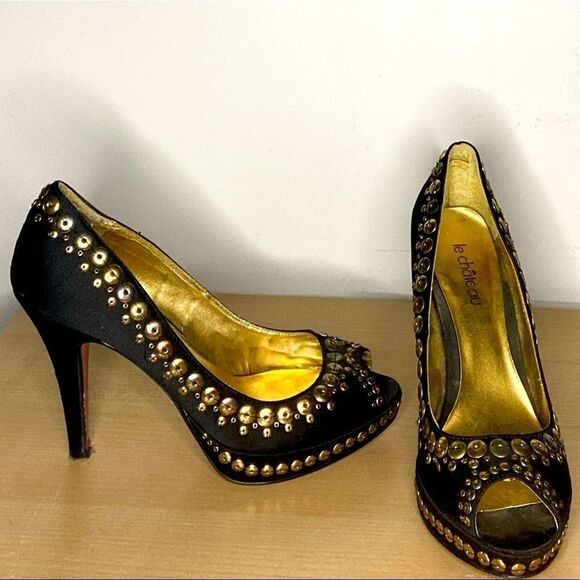 🌷le Chateau🌷Gorgeous Black Rhinestone Studded Pumps With Red Sole Gold Insole  - Picture 7 of 9